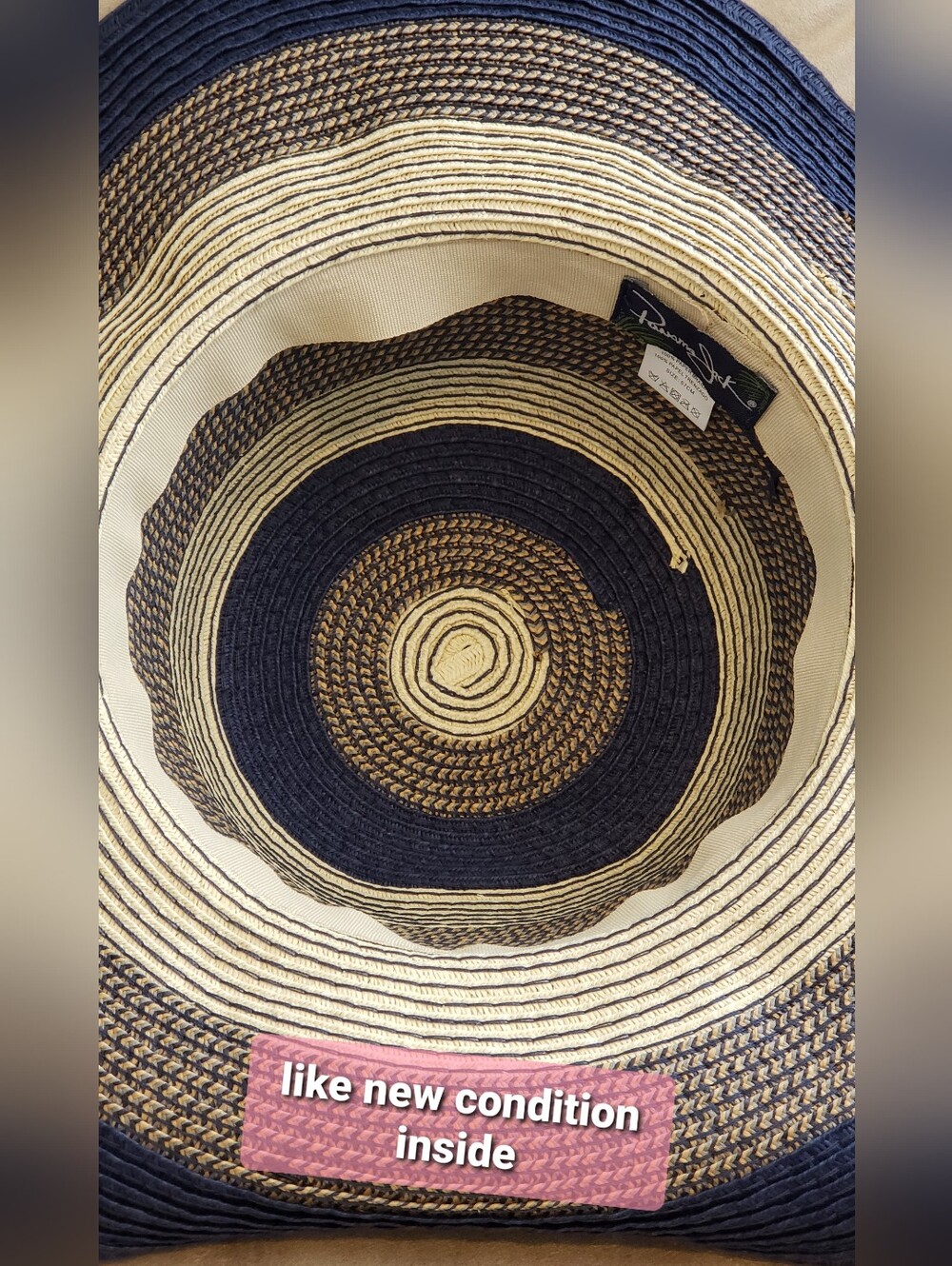 Panama Jacks Women's Stripped Straw Sun Hat Wide Brim Navy Tan One Size - Picture 7 of 7